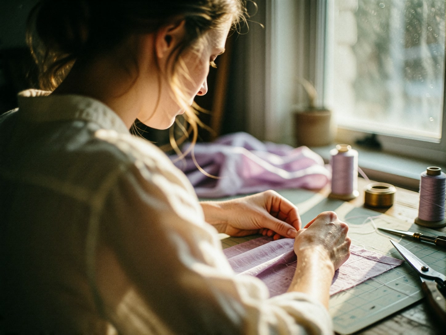 Young woman hand-sewing lavender fabric at a sunlit worktable