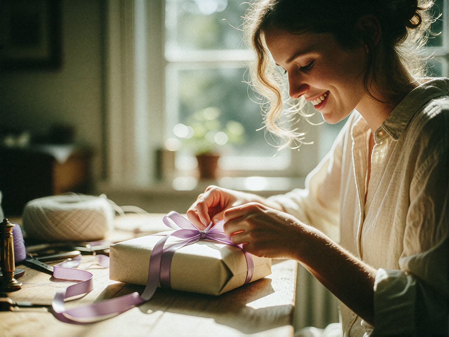 Young woman tying a lavender ribbon around a wrapped parcel at a sunlit table