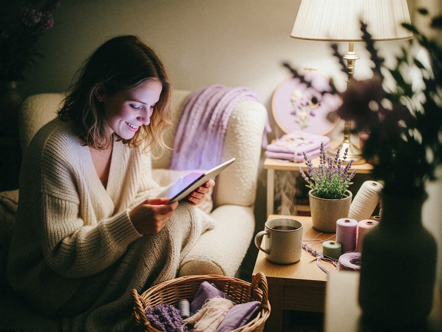 Young woman relaxing in an armchair, smiling at a tablet glowing softly, craft supplies around her
